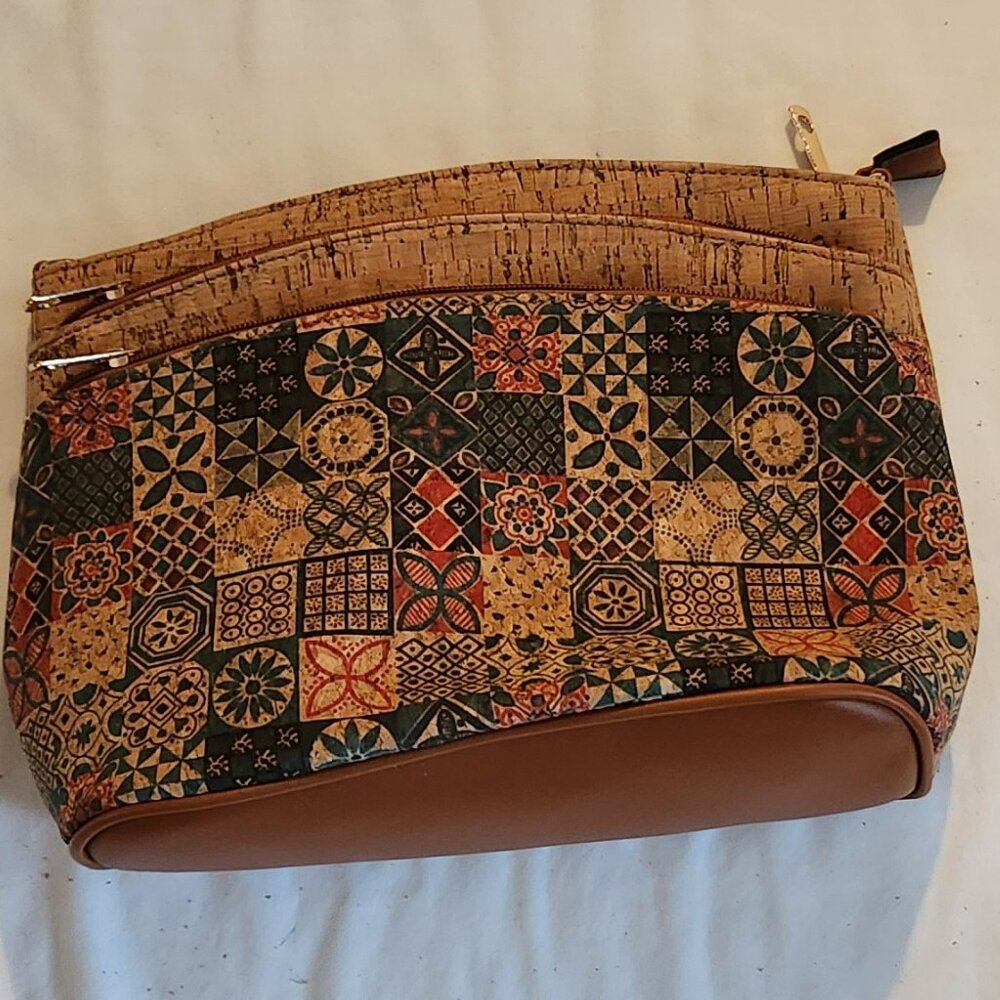 Patchwork print large clutch or crossbody brown blue NWOT
